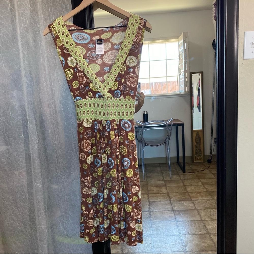 Bila Brown Printed V-Neck Midi Dress with Lime Trim